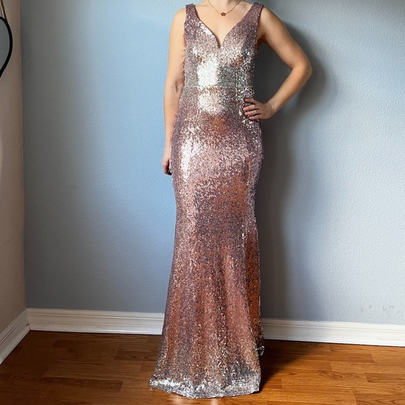 Crystal Doll Pink Sequined Ombre Body Con Prom Dress | Juniors 7 - Picture 4 of 13